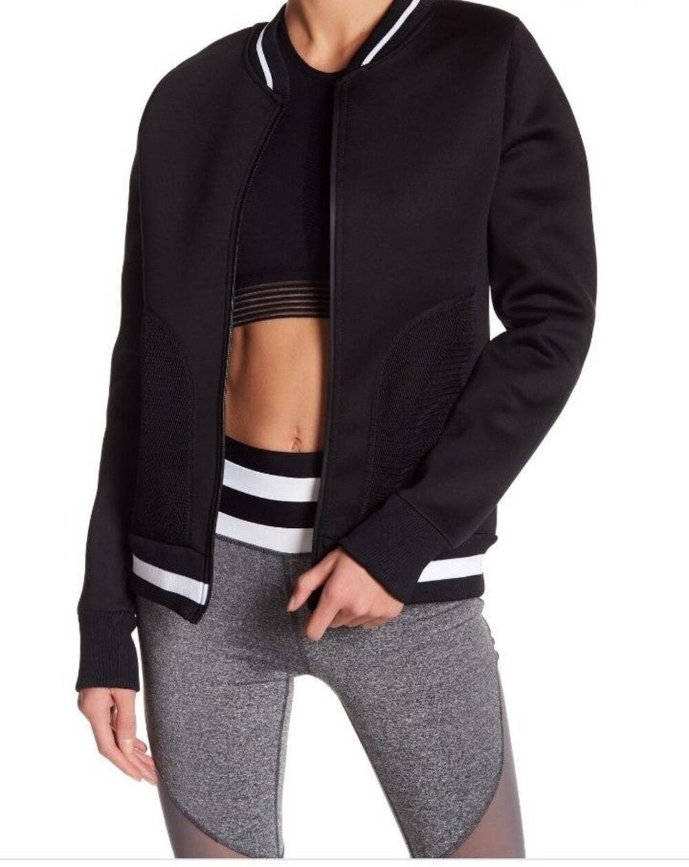 C&C California Black Scuba Bomber Jacket Zip Up Mesh Pockets Varsity Medium New